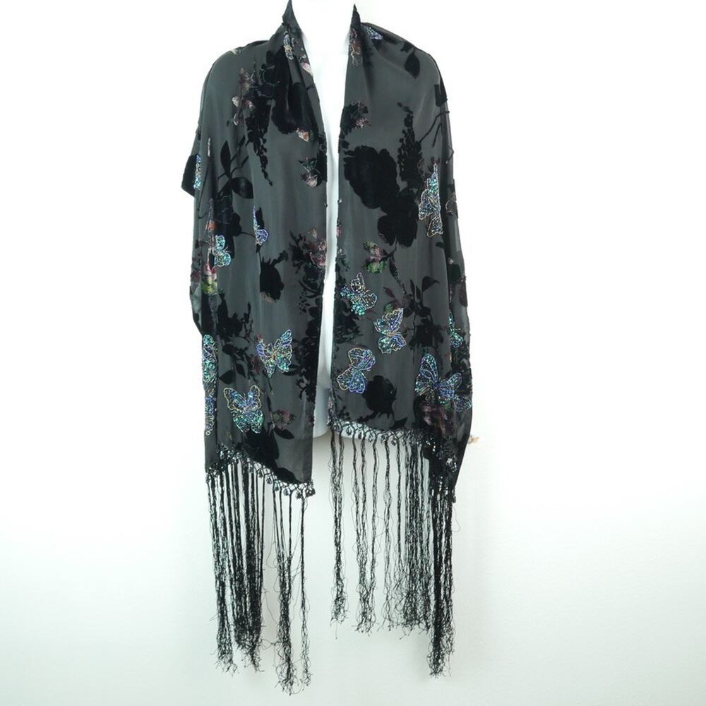 Velvet Burnout Scarf Beaded Butterfly Fringe Whimsigoth Fairy‎ Silk Blend Formal